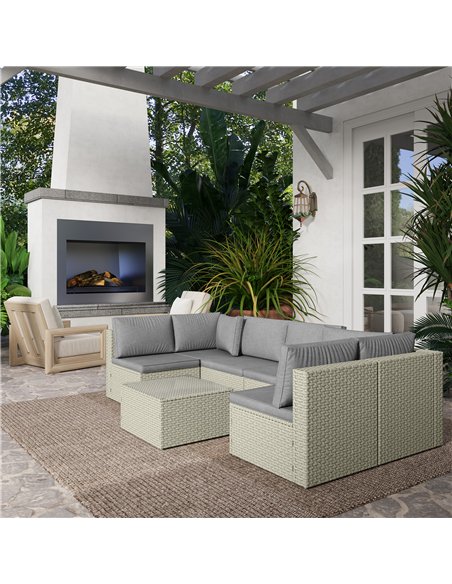 Outsunny 7 Pieces Rattan Garden Furniture Set, 6 Seater Garden Corner Sofa with Wide Seat, Cushions and Glass Top Table, Section - pic 156443 | FastDaddyshop