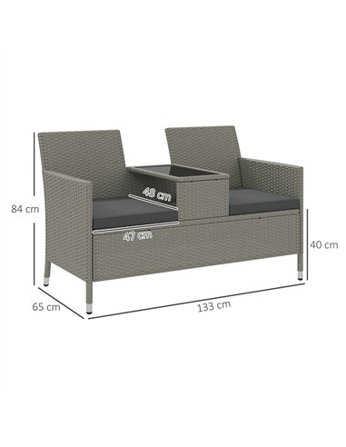 Outsunny 2-Seater PE Rattan Outdoor Garden Bench w/ Centre Table Grey