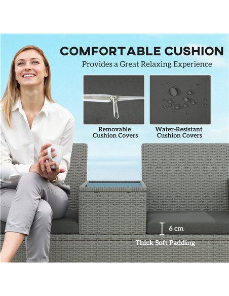 Outsunny 2-Seater PE Rattan Outdoor Garden Bench w/ Centre Table Grey - pic 156448 | FastDaddyshop