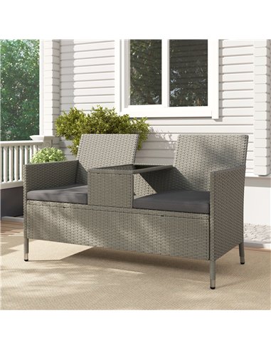Outsunny 2-Seater PE Rattan Outdoor Garden Bench w/ Centre Table Grey
