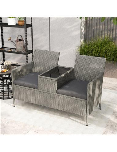 Outsunny 2-Seater PE Rattan Outdoor Garden Bench w/ Centre Table Grey
