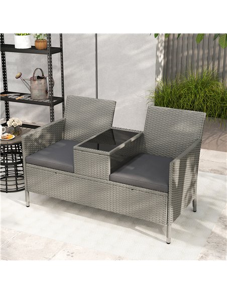 Outsunny 2-Seater PE Rattan Outdoor Garden Bench w/ Centre Table Grey - pic 156452 | FastDaddyshop