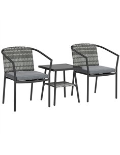 Outsunny 3 Pieces Rattan Bistro Set with Cushions, Wicker Garden Furniture Set, Glass Top Coffee Table and Chairs for Outdoor Pa