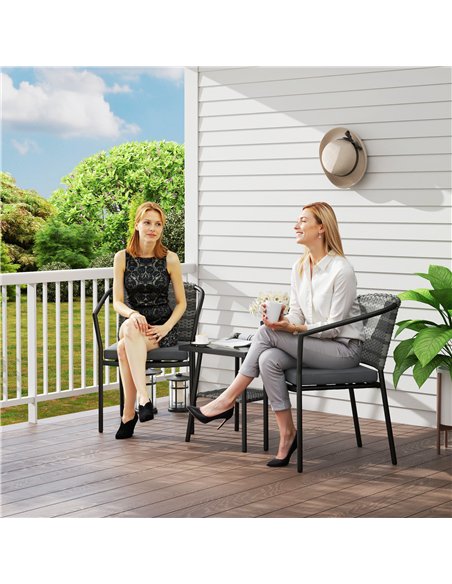 Outsunny 3 Pieces Rattan Bistro Set with Cushions, Wicker Garden Furniture Set, Glass Top Coffee Table and Chairs for Outdoor Pa - pic 156472 | FastDaddyshop