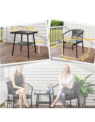 Outsunny 3 Pieces Rattan Bistro Set with Cushions, Wicker Garden Furniture Set, Glass Top Coffee Table and Chairs for Outdoor Pa