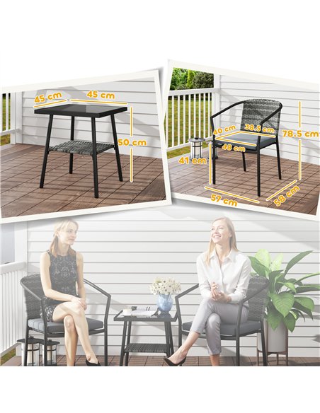Outsunny 3 Pieces Rattan Bistro Set with Cushions, Wicker Garden Furniture Set, Glass Top Coffee Table and Chairs for Outdoor Pa - pic 156473 | FastDaddyshop