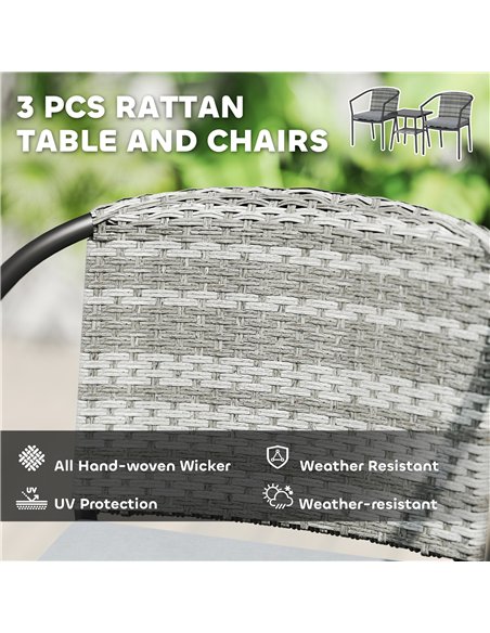 Outsunny 3 Pieces Rattan Bistro Set with Cushions, Wicker Garden Furniture Set, Glass Top Coffee Table and Chairs for Outdoor Pa - pic 156474 | FastDaddyshop