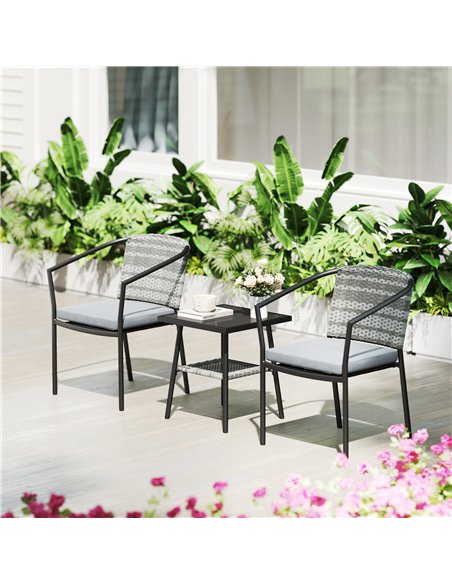 Outsunny 3 Pieces Rattan Bistro Set with Cushions, Wicker Garden Furniture Set, Glass Top Coffee Table and Chairs for Outdoor Pa - pic 156477 | FastDaddyshop