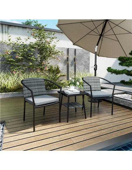 Outsunny 3 Pieces Rattan Bistro Set with Cushions, Wicker Garden Furniture Set, Glass Top Coffee Table and Chairs for Outdoor Pa - pic 156478 | FastDaddyshop