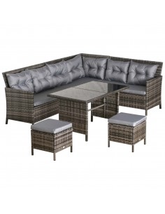Outsunny 7-Seater Rattan Furniture Sofa Set with Coffee Table, Foot Stool, Cushion, Grey