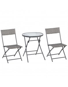 Outsunny 3 Pieces Outdoor PE Rattan Bistro Set with Glass Top Table and Chairs, Grey