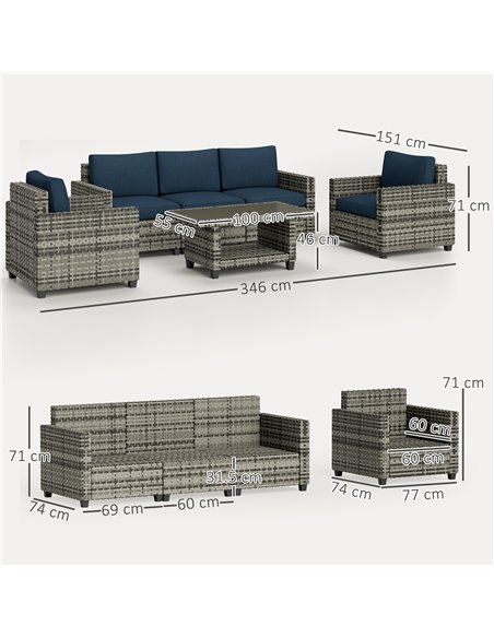 Outsunny Six-Piece Modular Rattan Sofa Set - Navy Blue - pic 156500 | FastDaddyshop
