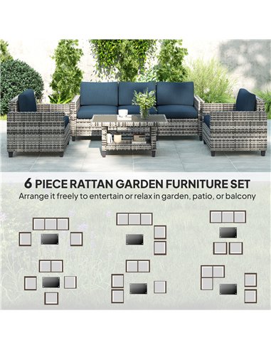 Outsunny Six-Piece Modular Rattan Sofa Set - Navy Blue