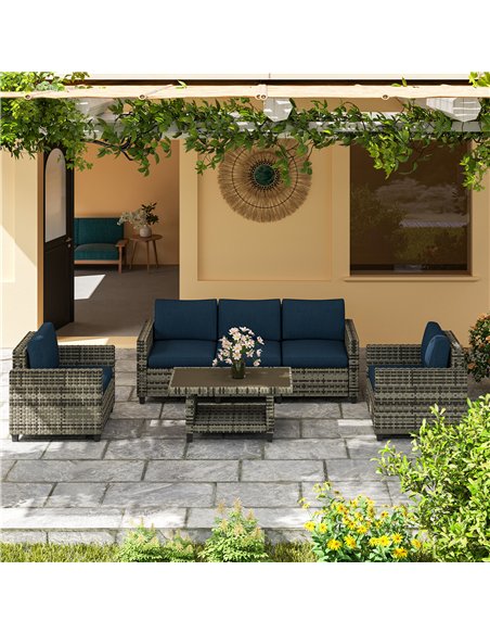 Outsunny Six-Piece Modular Rattan Sofa Set - Navy Blue - pic 156506 | FastDaddyshop