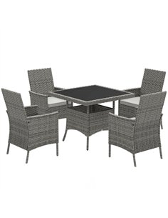 Outsunny Rattan Garden Furniture Set, Outdoor Dining Table and Chairs 4 Seater with Cushions, Square Tempered Glass Top, 4 Armch