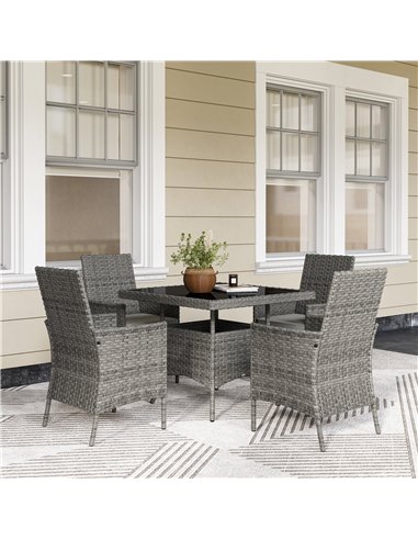 Outsunny Rattan Garden Furniture Set, Outdoor Dining Table and Chairs 4 Seater with Cushions, Square Tempered Glass Top, 4 Armch