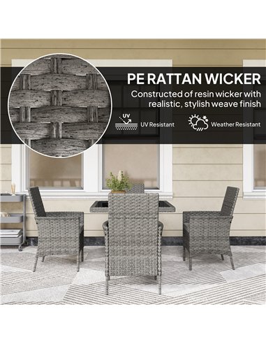 Outsunny Rattan Garden Furniture Set, Outdoor Dining Table and Chairs 4 Seater with Cushions, Square Tempered Glass Top, 4 Armch
