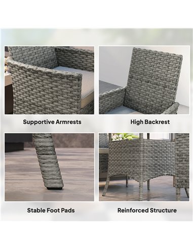 Outsunny Rattan Garden Furniture Set, Outdoor Dining Table and Chairs 4 Seater with Cushions, Square Tempered Glass Top, 4 Armch