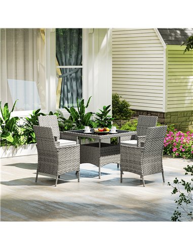 Outsunny Rattan Garden Furniture Set, Outdoor Dining Table and Chairs 4 Seater with Cushions, Square Tempered Glass Top, 4 Armch