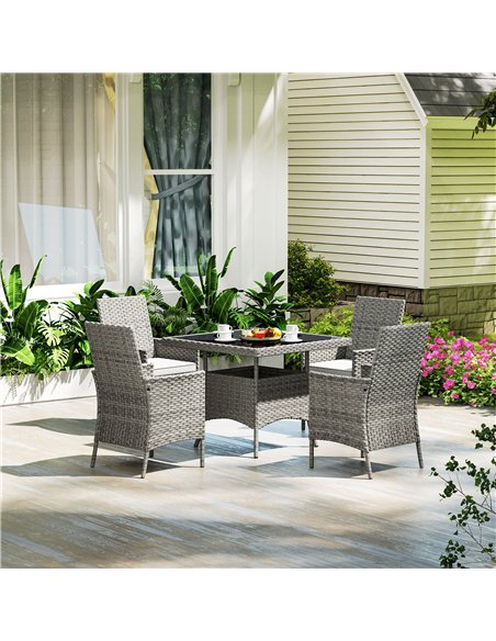 Outsunny Rattan Garden Furniture Set, Outdoor Dining Table and Chairs 4 Seater with Cushions, Square Tempered Glass Top, 4 Armch - pic 156514 | FastDaddyshop