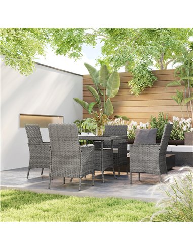 Outsunny Rattan Garden Furniture Set, Outdoor Dining Table and Chairs 4 Seater with Cushions, Square Tempered Glass Top, 4 Armch