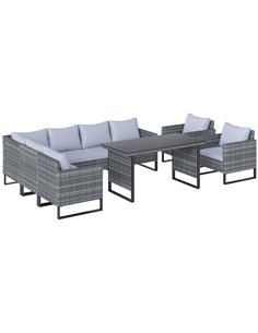 Outsunny 9 Piece Rattan Garden Furniture Set, 8 Seater Garden Corner Sofa with Cushions and Glass Top Table, Sectional Outdoor F