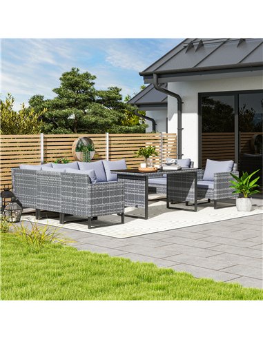 Outsunny 9 Piece Rattan Garden Furniture Set, 8 Seater Garden Corner Sofa with Cushions and Glass Top Table, Sectional Outdoor F