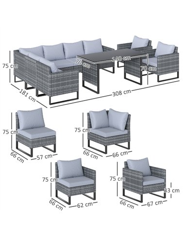 Outsunny 9 Piece Rattan Garden Furniture Set, 8 Seater Garden Corner Sofa with Cushions and Glass Top Table, Sectional Outdoor F