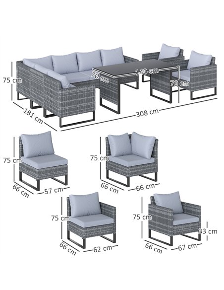 Outsunny 9 Piece Rattan Garden Furniture Set, 8 Seater Garden Corner Sofa with Cushions and Glass Top Table, Sectional Outdoor F - pic 156518 | FastDaddyshop