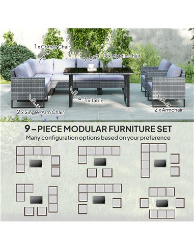 Outsunny 9 Piece Rattan Garden Furniture Set, 8 Seater Garden Corner Sofa with Cushions and Glass Top Table, Sectional Outdoor F