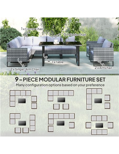 Outsunny 9 Piece Rattan Garden Furniture Set, 8 Seater Garden Corner Sofa with Cushions and Glass Top Table, Sectional Outdoor F - pic 156519 | FastDaddyshop