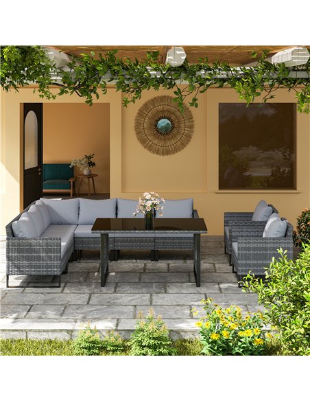 Outsunny 9 Piece Rattan Garden Furniture Set, 8 Seater Garden Corner Sofa with Cushions and Glass Top Table, Sectional Outdoor F - pic 156523 | FastDaddyshop
