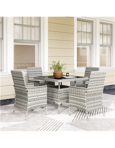 Outsunny Rattan Garden Furniture Set, Outdoor Dining Table and Chairs 4 Seater with Cushions, Square Tempered Glass Top, 4 Armch