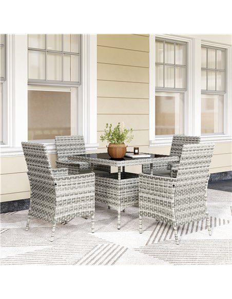 Outsunny Rattan Garden Furniture Set, Outdoor Dining Table and Chairs 4 Seater with Cushions, Square Tempered Glass Top, 4 Armch - pic 156526 | FastDaddyshop