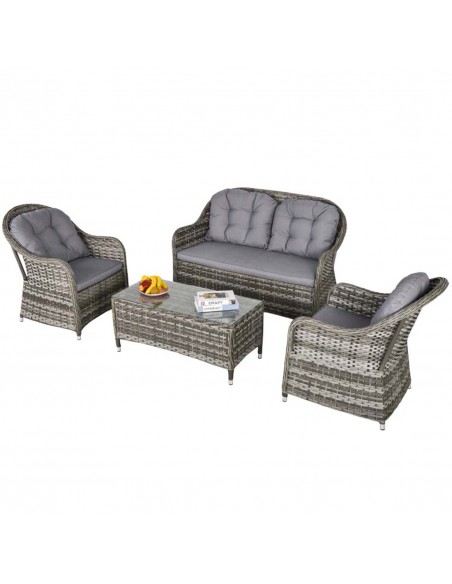 Outsunny 4 Pieces Outdoor PE Rattan Garden Furniture with Cushions, Glass Top Coffee Table, Grey - pic 15653 | FastDaddyshop