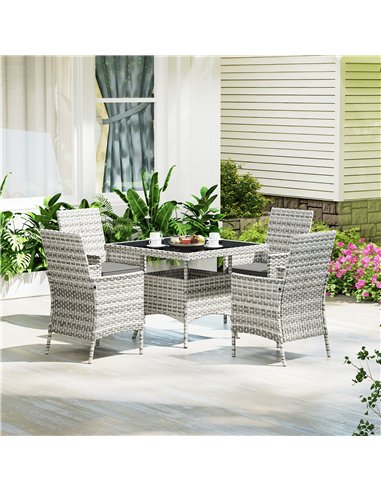 Outsunny Rattan Garden Furniture Set, Outdoor Dining Table and Chairs 4 Seater with Cushions, Square Tempered Glass Top, 4 Armch