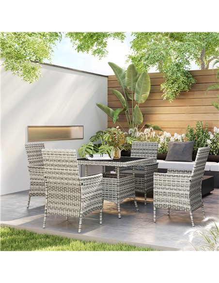 Outsunny Rattan Garden Furniture Set, Outdoor Dining Table and Chairs 4 Seater with Cushions, Square Tempered Glass Top, 4 Armch - pic 156533 | FastDaddyshop