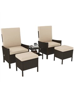 Outsunny 5 Piece Rattan Garden Furniture Set, Wicker Patio Sofa Set with 2 Armchairs, 2 Footstools, Glass Top Coffee Table with 