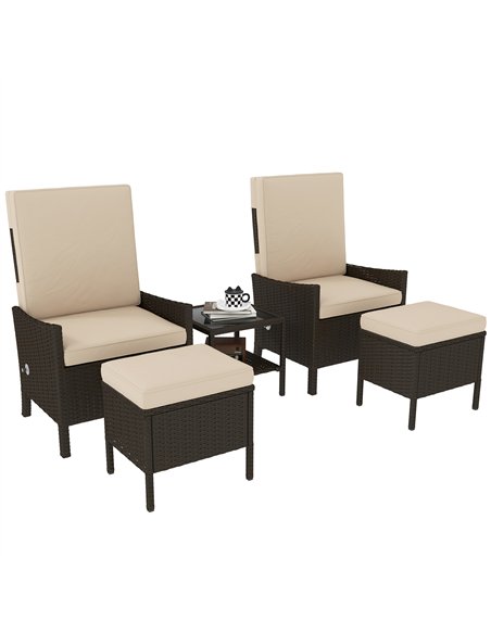 Outsunny 5 Piece Rattan Garden Furniture Set, Wicker Patio Sofa Set with 2 Armchairs, 2 Footstools, Glass Top Coffee Table with  - pic 156534 | FastDaddyshop