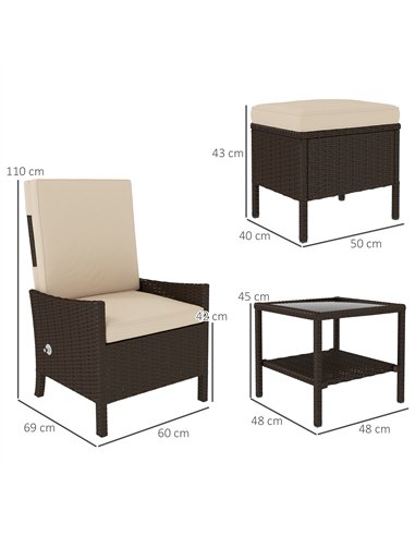 Outsunny 5 Piece Rattan Garden Furniture Set, Wicker Patio Sofa Set with 2 Armchairs, 2 Footstools, Glass Top Coffee Table with 