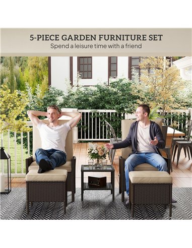 Outsunny 5 Piece Rattan Garden Furniture Set, Wicker Patio Sofa Set with 2 Armchairs, 2 Footstools, Glass Top Coffee Table with 