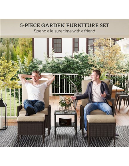 Outsunny 5 Piece Rattan Garden Furniture Set, Wicker Patio Sofa Set with 2 Armchairs, 2 Footstools, Glass Top Coffee Table with  - pic 156537 | FastDaddyshop