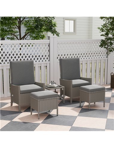 Outsunny 5 Piece Rattan Garden Furniture Set, Wicker Patio Sofa Set with 2 Armchairs, 2 Footstools, Glass Top Coffee Table with 