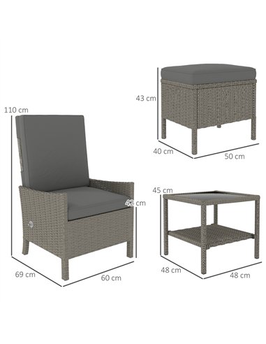 Outsunny 5 Piece Rattan Garden Furniture Set, Wicker Patio Sofa Set with 2 Armchairs, 2 Footstools, Glass Top Coffee Table with 