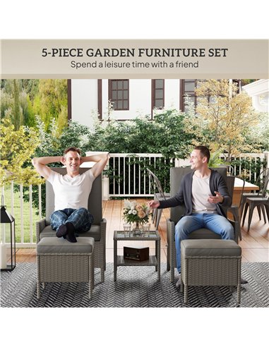 Outsunny 5 Piece Rattan Garden Furniture Set, Wicker Patio Sofa Set with 2 Armchairs, 2 Footstools, Glass Top Coffee Table with 
