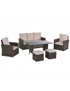 Outsunny 6 Pieces Outdoor PE Rattan Furniture Set with Three-seat Armchairs, Footstools, Dining Table, Brown