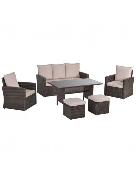 Outsunny 6 Pieces Outdoor PE Rattan Furniture Set with Three-seat Armchairs, Footstools, Dining Table, Brown - pic 15656 | FastDaddyshop