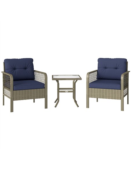 Outsunny 3 Pieces Rattan Bistro Set with Glass Top Coffee Table, Chairs and Cushions for Outdoor, Patio, Balcony, Charcoal Grey - pic 156561 | FastDaddyshop