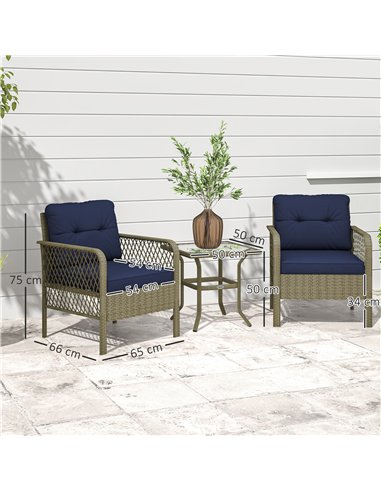 Outsunny 3 Pieces Rattan Bistro Set with Glass Top Coffee Table, Chairs and Cushions for Outdoor, Patio, Balcony, Charcoal Grey