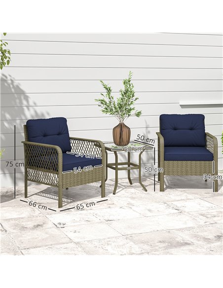 Outsunny 3 Pieces Rattan Bistro Set with Glass Top Coffee Table, Chairs and Cushions for Outdoor, Patio, Balcony, Charcoal Grey - pic 156563 | FastDaddyshop